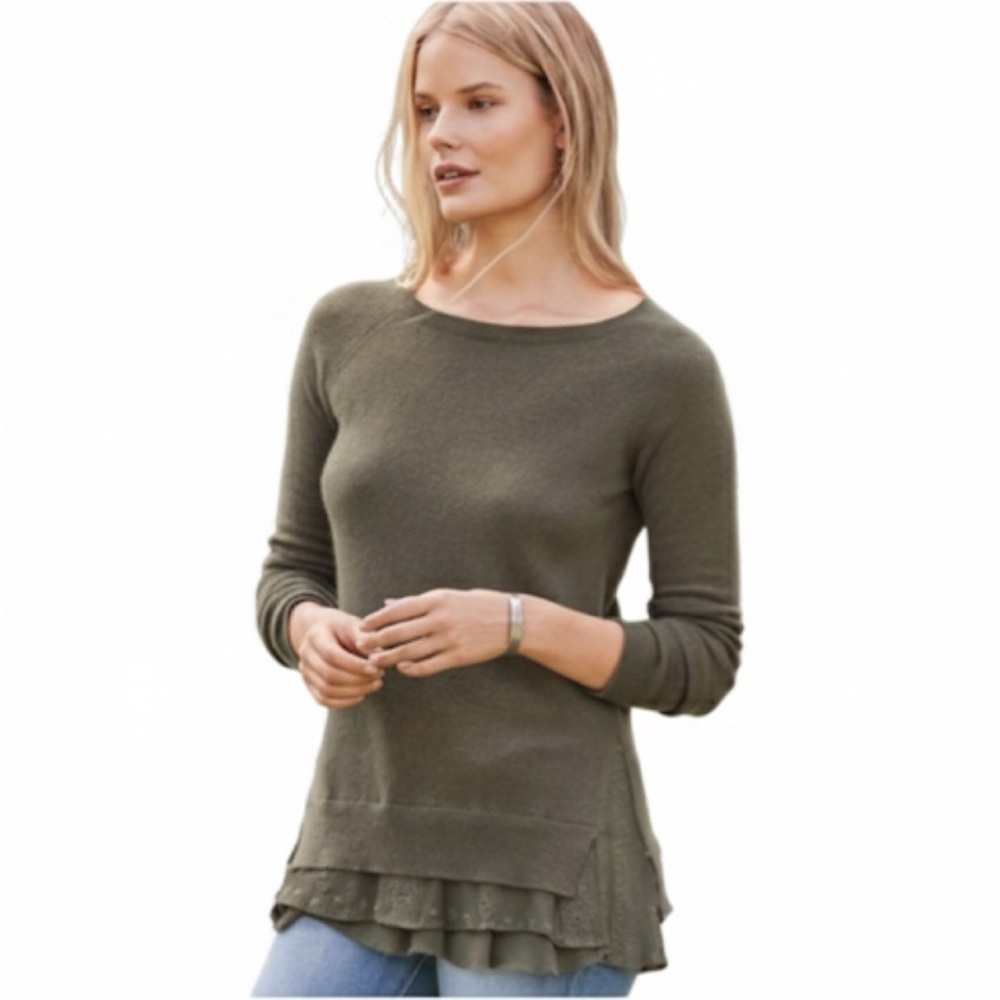 Garnet Hill Olive Green Shirttail Cashmere Sweater Size XS New Without Tag!